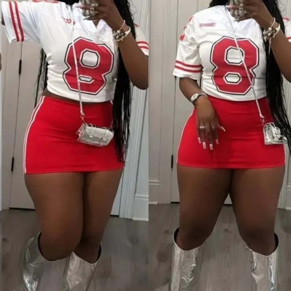 Red and White Number 8 Jersey Skirt Set